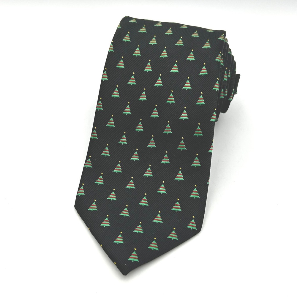 Holiday Traditions Necktie Mens Christmas Tree Pattern EUC Black Green Red